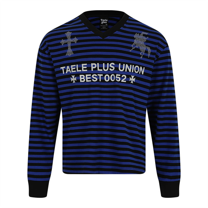 Men's Striped Long-Sleeve Shirt with Rhinestone Cross & Pegasus Graphic Print
