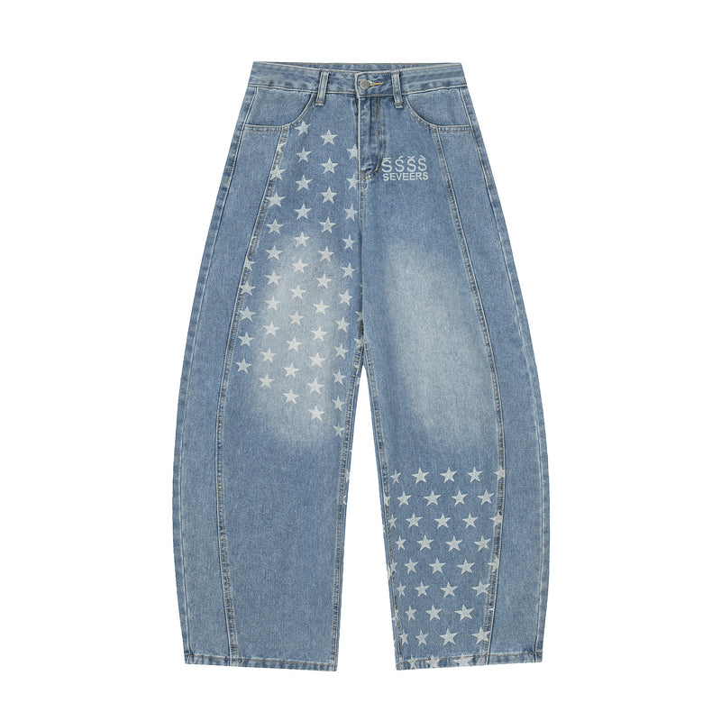 Baggy Star Print Jeans Wide-Leg Denim Pants