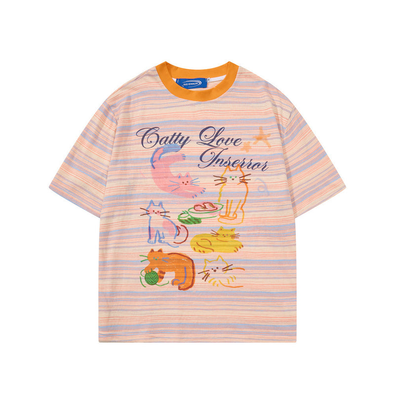 Oversized striped t-shirt with colorful cartoon cat graphic print and orange contrast crew neckline