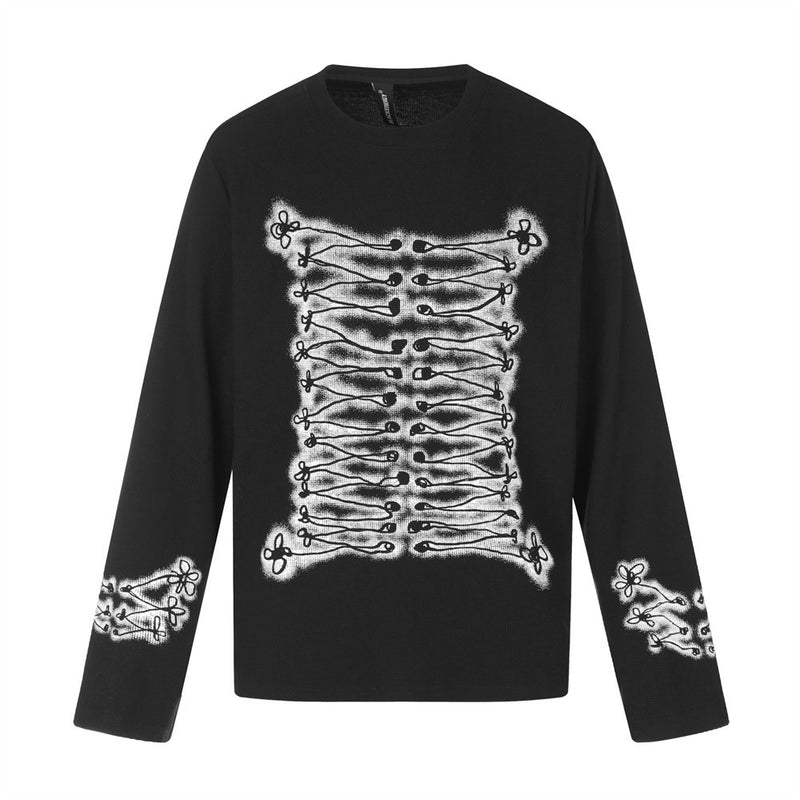 Black long sleeve crew neck tee with white rope-knot lace-up graphic on front and sleeves