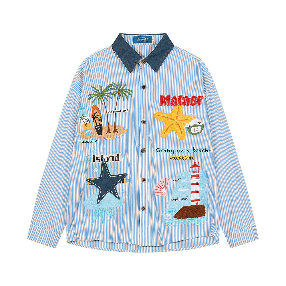 Blue Striped Button-Down Shirt with Beach Embroidery & Denim Collar