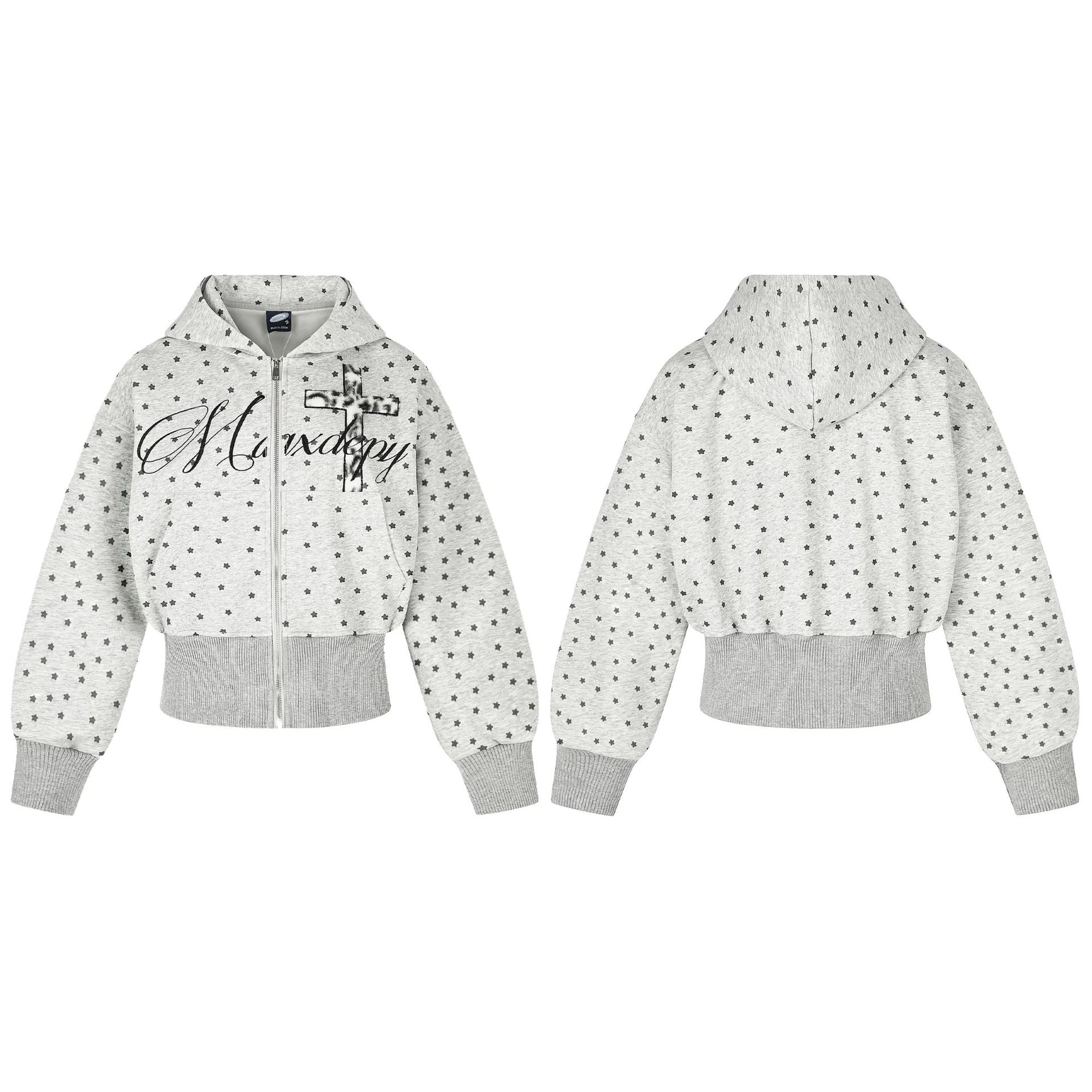 Sweat à capuche zippé court à motif étoiles et croix