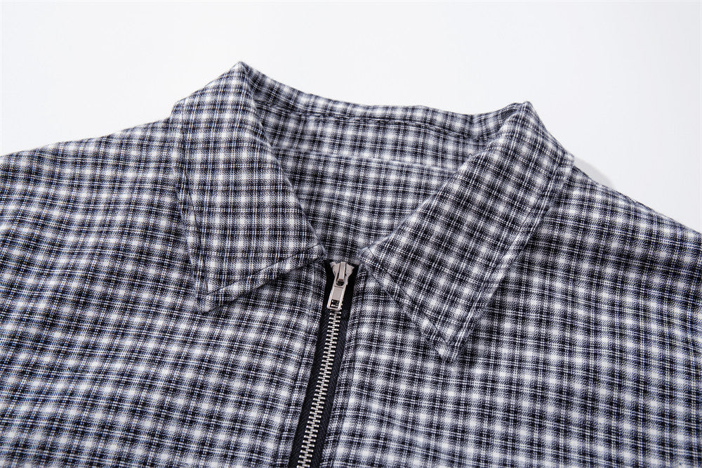 Plaid Zip-Up Bomber Jacket – Relaxed Fit Spread Collar Short Outerwear