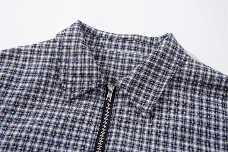 Plaid Zip-Up Bomber Jacket – Relaxed Fit Spread Collar Short Outerwear