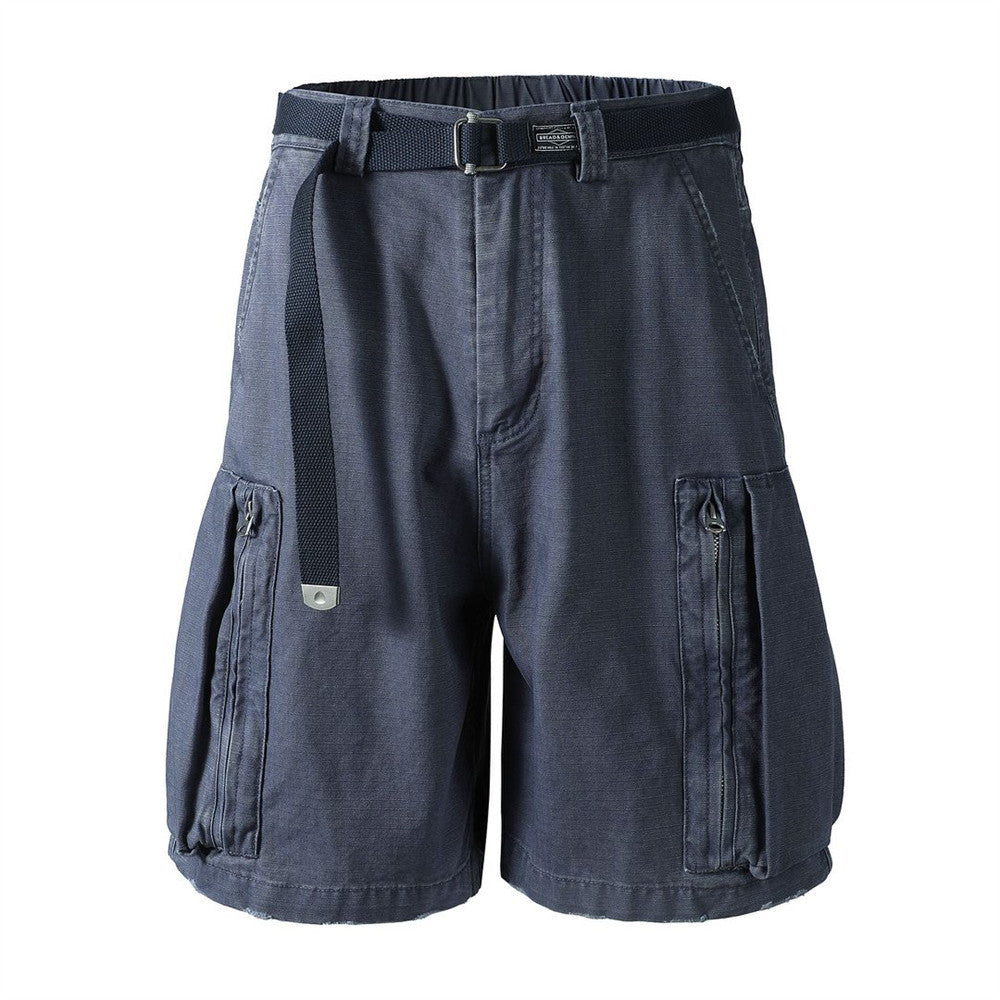 Front view of navy cargo shorts with belt, side zip pockets, and relaxed leg openings