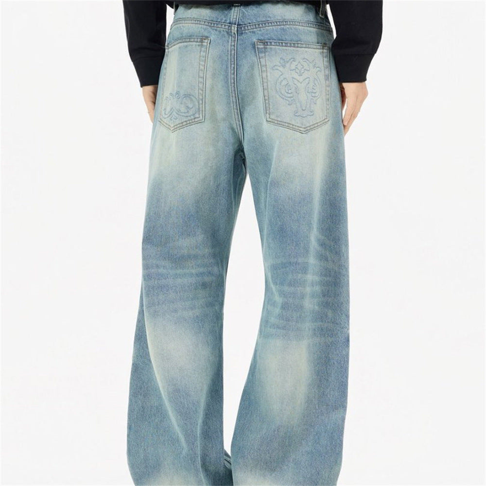 Men's Light Wash Jeans – Floral Embroidery, Metal Clasp Fly & Straight Leg