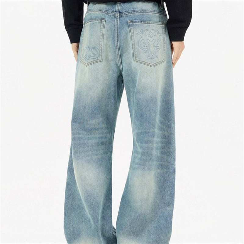 Men's Light Wash Jeans – Floral Embroidery, Metal Clasp Fly & Straight Leg