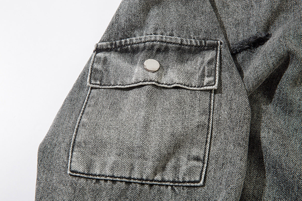 Sweat à capuche en denim délavé et déchiré – Broderie SMK, ourlet brut et détails usés
