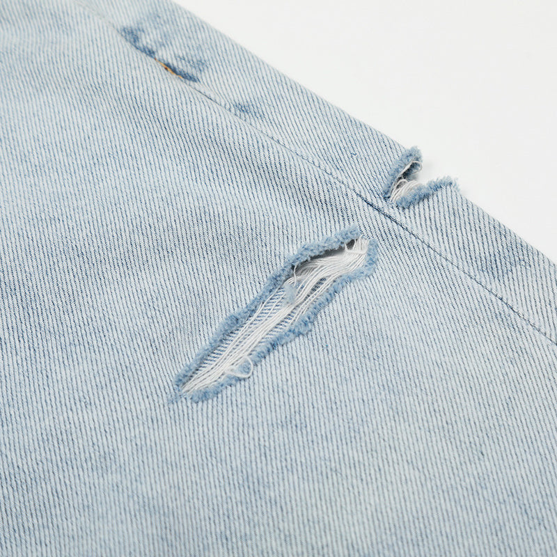 Wide-Leg Distressed Jeans – Light Blue Acid-Washed Straight-Cut Denim with