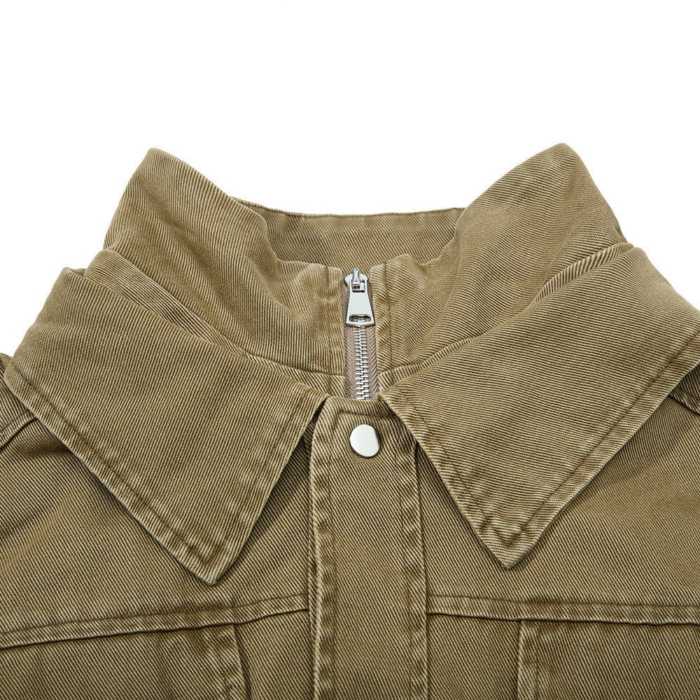 Men's Washed Denim Bomber Jacket – Oversized Fit, Double Collar & Zip Pockets