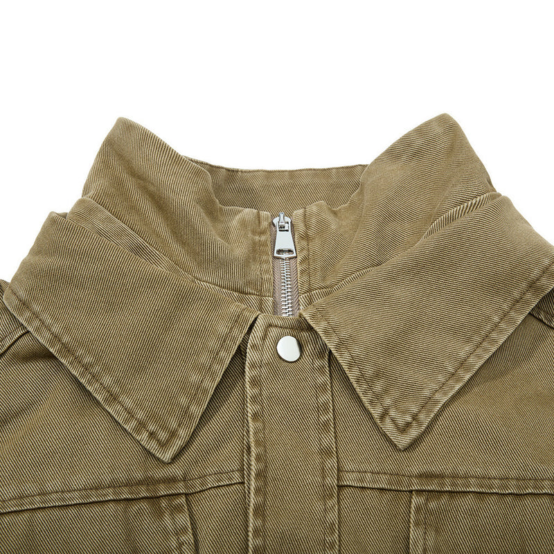 Men's Washed Denim Bomber Jacket – Oversized Fit, Double Collar & Zip Pockets
