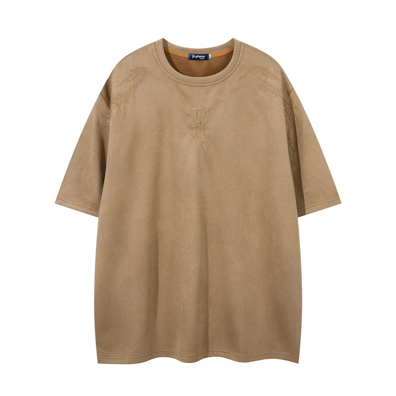 Men's Oversized Suede-Finish Thorn Embroidery Short Sleeve T-Shirt