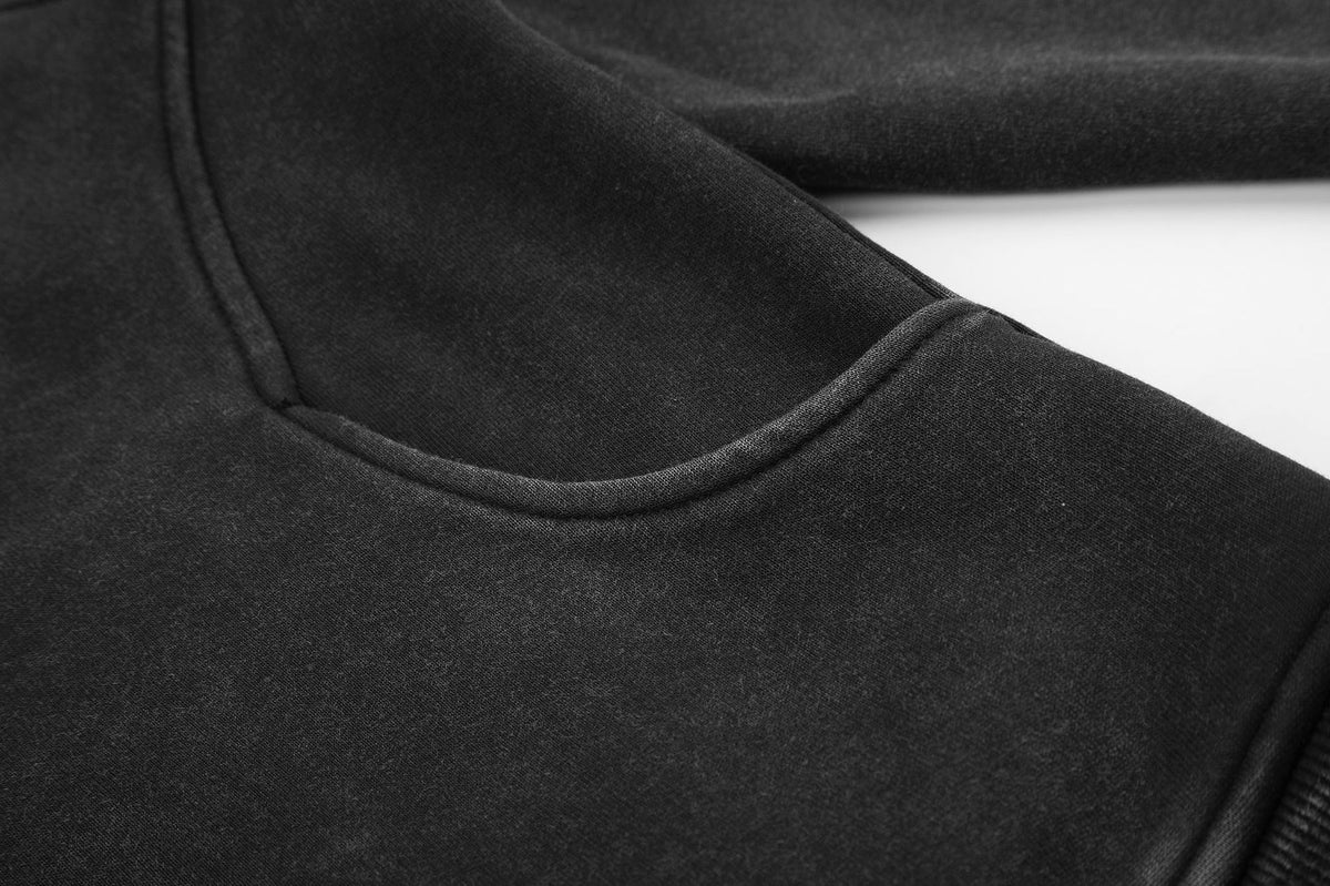 Cross Print Washed Zip-Up Hoodie – Cropped Black Streetwear Jacket