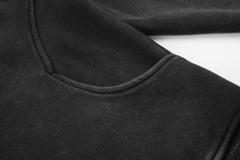 Cross Print Washed Zip-Up Hoodie – Cropped Black Streetwear Jacket