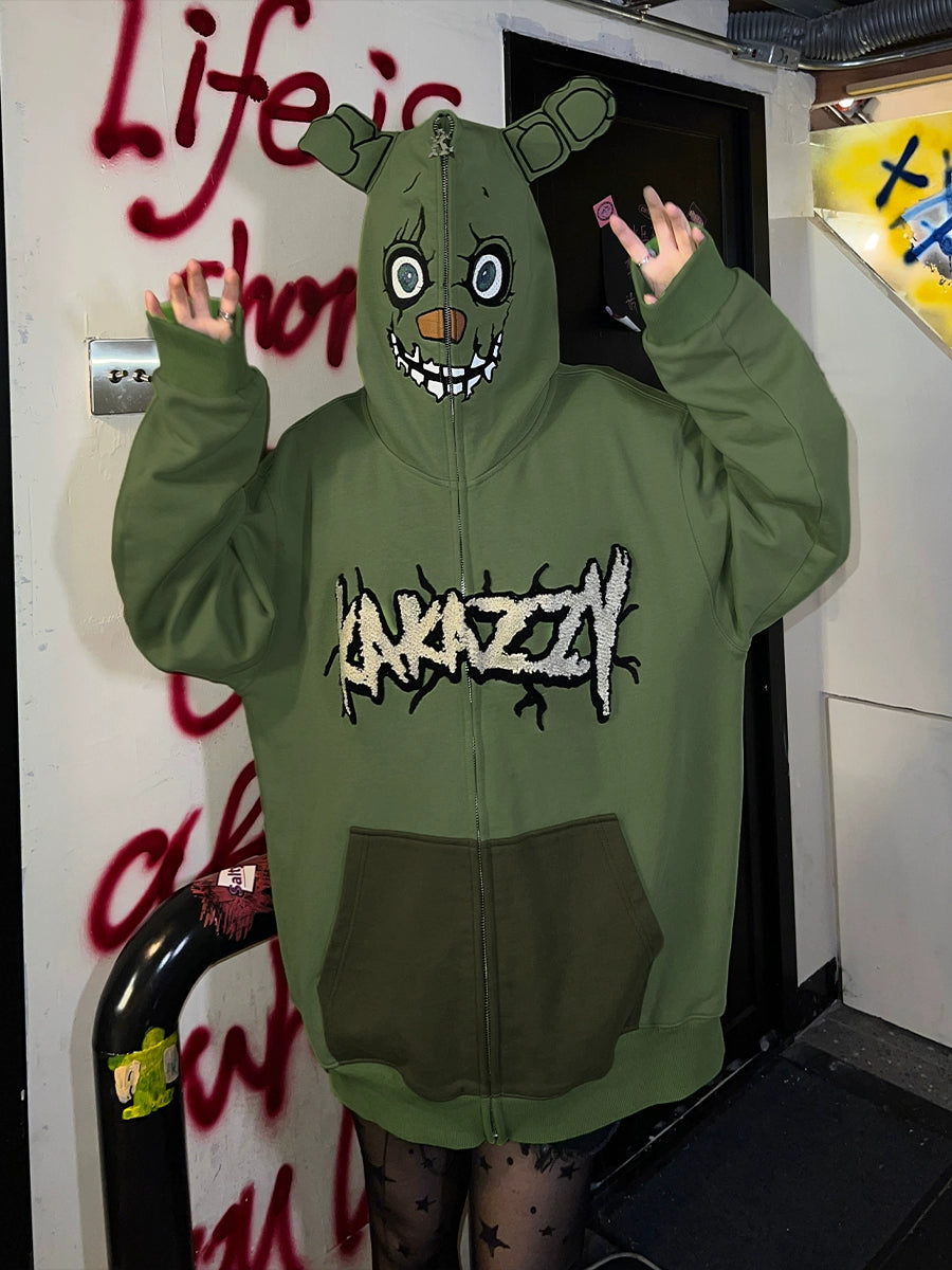 Springtrap-Inspired Hoodie - 400GSM Oversized Green Zip-Up Five Nights at Freddy&