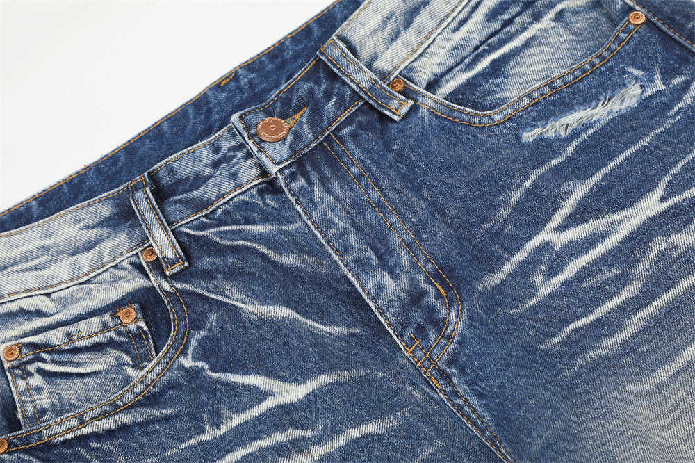 Wide-Leg Distressed Jeans – Lightning Wash Vintage Blue Straight-Fit Denim