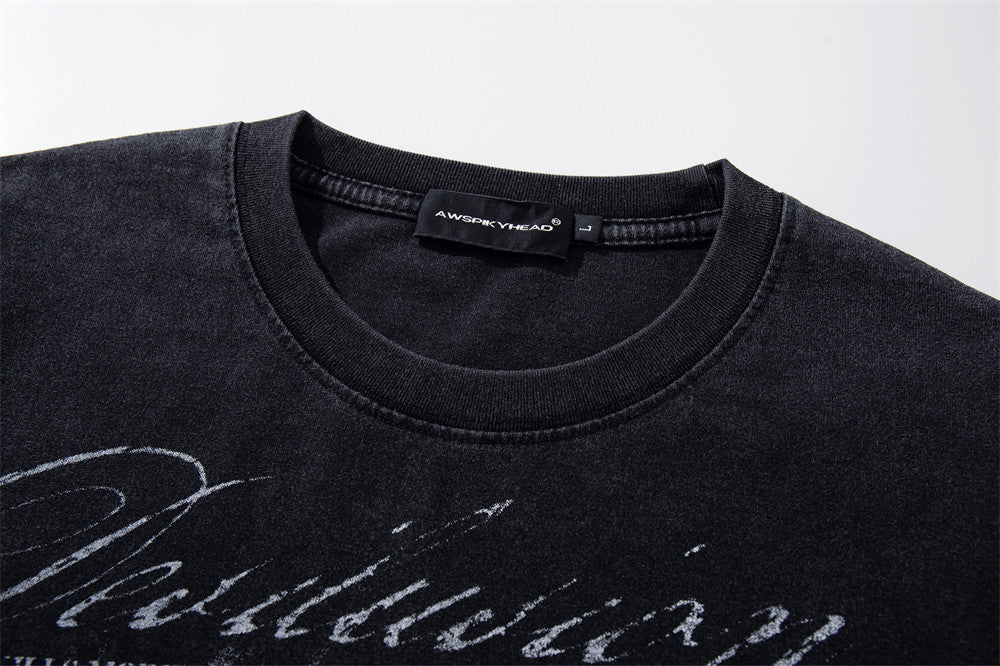 Punk Vintage Graphic Long Sleeve T-Shirt – Washed Black Oversized Crew Neck