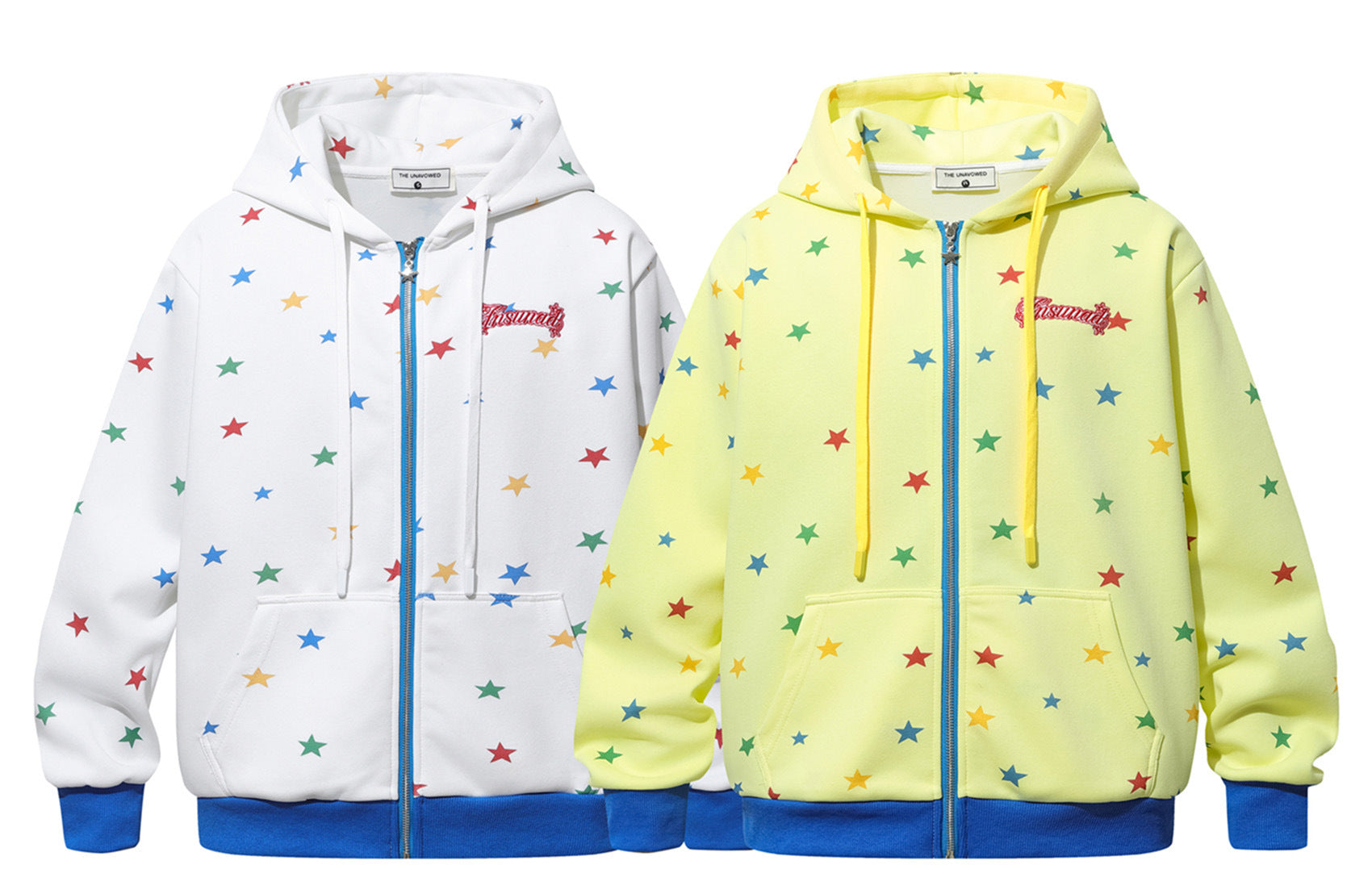 Zip-Hoodie mit Regenbogen-Sternenprint in Weiß und Gelb, kontrastierenden gerippten Bündchen und Saum in Königsblau