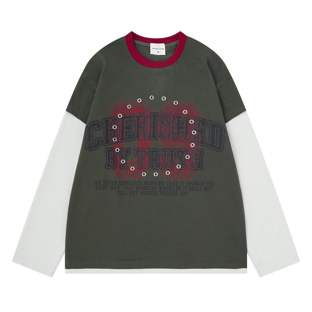 T-shirt manches longues colorblock à effet superposé – Imprimé vintage et détails métalliques