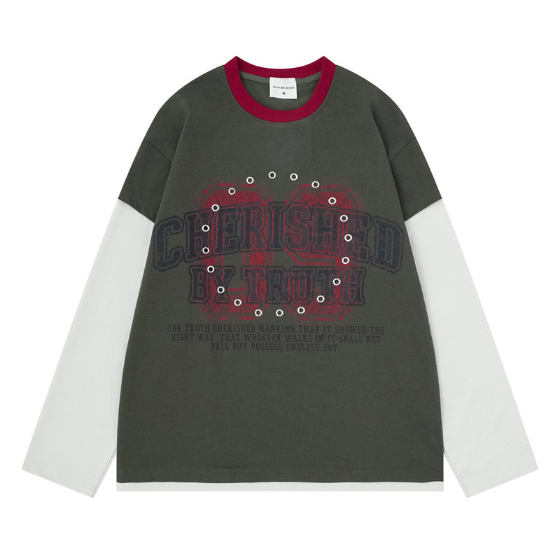 T-shirt manches longues colorblock à effet superposé – Imprimé vintage et détails métalliques