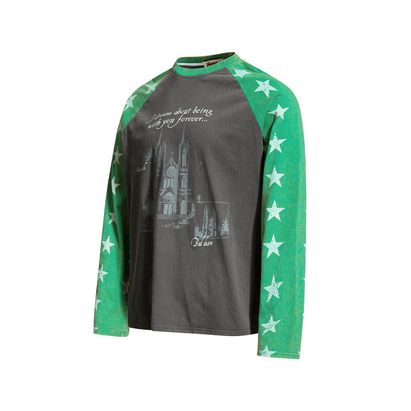 Cathedral Graphic Raglan Long Sleeve Tee with Star-Print Sleeves