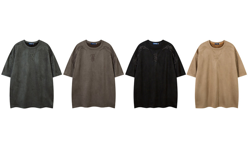 Men's Oversized Suede-Finish Thorn Embroidery Short Sleeve T-Shirt