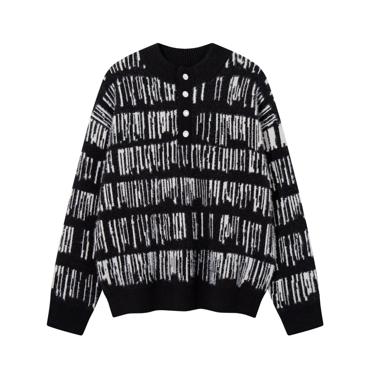 Jersey de punto jacquard a rayas con cuello henley para hombre: manga larga extragrande