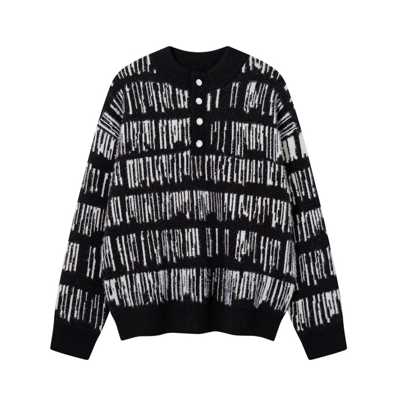 Jersey de punto jacquard a rayas con cuello henley para hombre: manga larga extragrande
