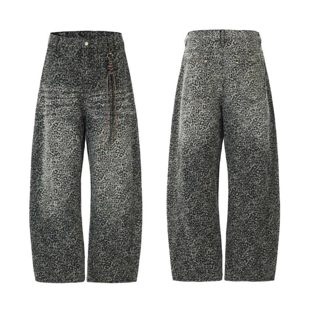 Leopard Print Wide-Leg Jeans – Vintage Washed Oversized Baggy Denim Pants