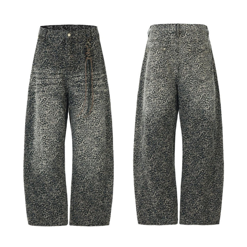 Leopard Print Wide-Leg Jeans – Vintage Washed Oversized Baggy Denim Pants
