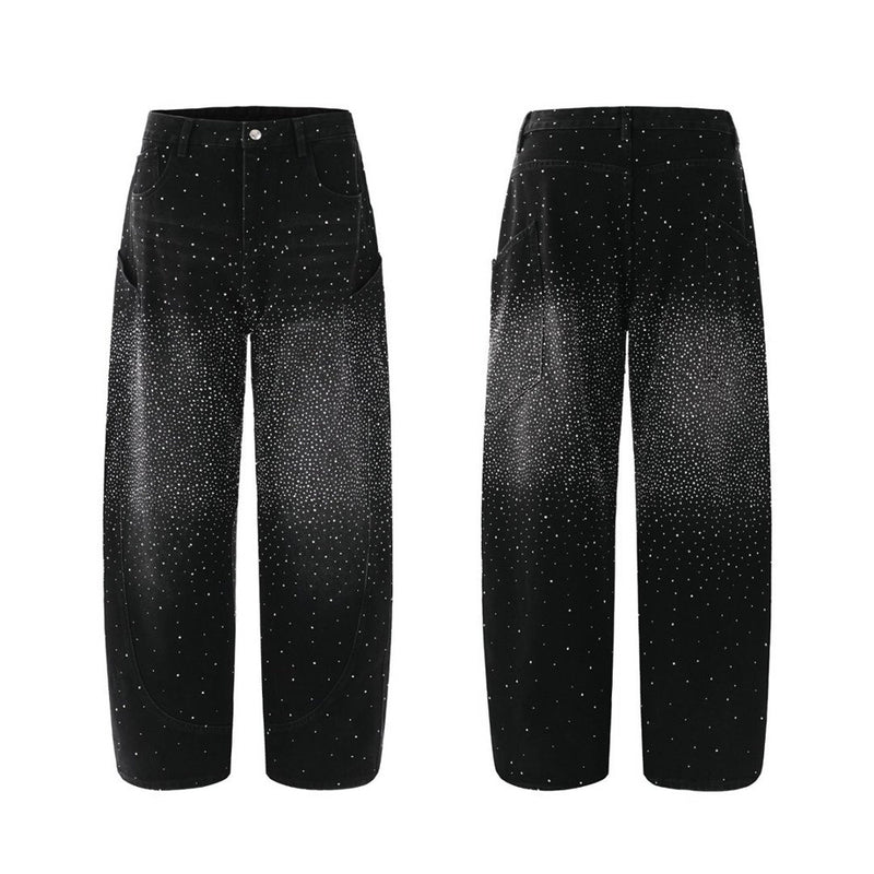 Rhinestone Wide-Leg Jeans – Men's Distressed Denim with Large Cargo Pockets &