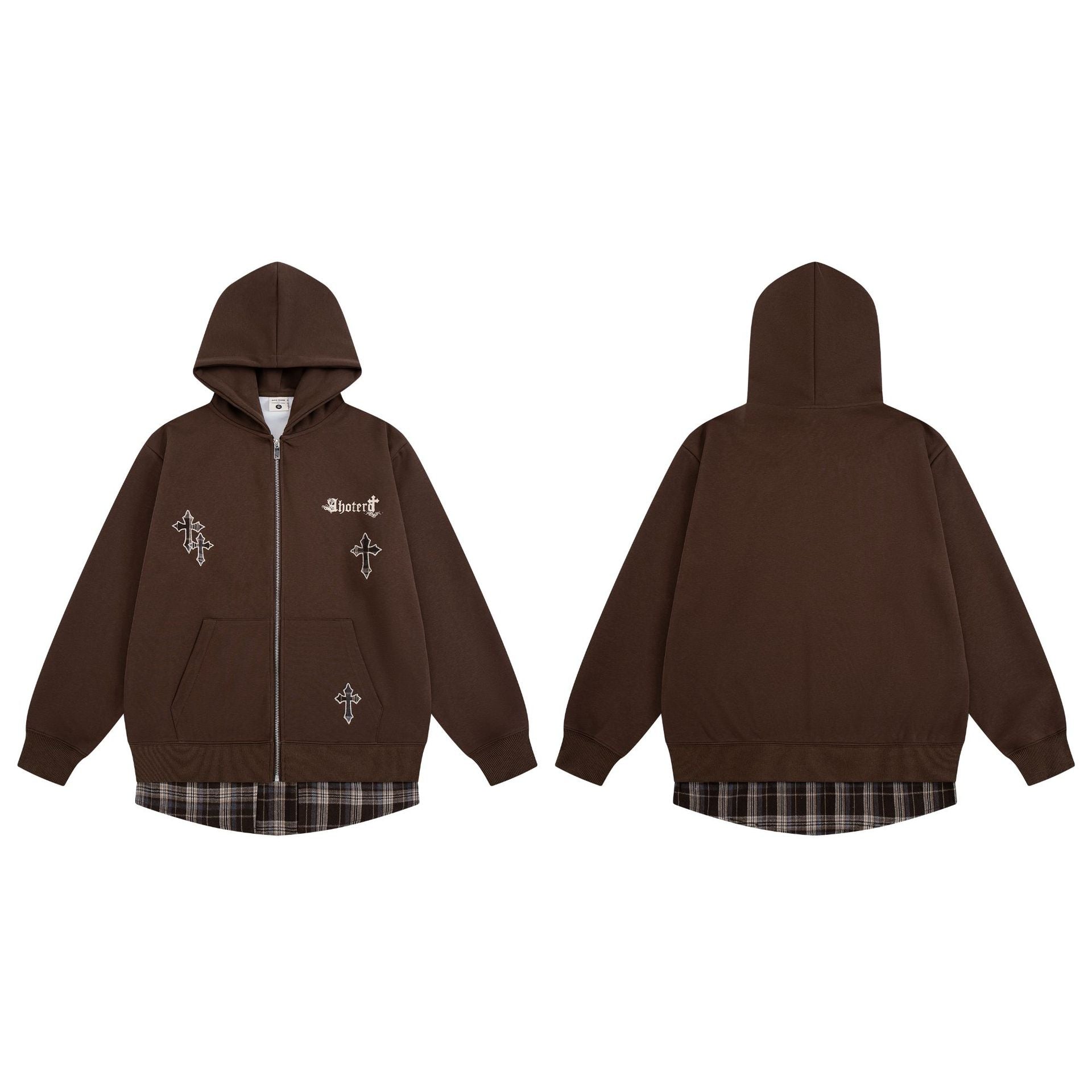 Sweat zippé à capuche avec croix brodée et détail à carreaux sur le bas