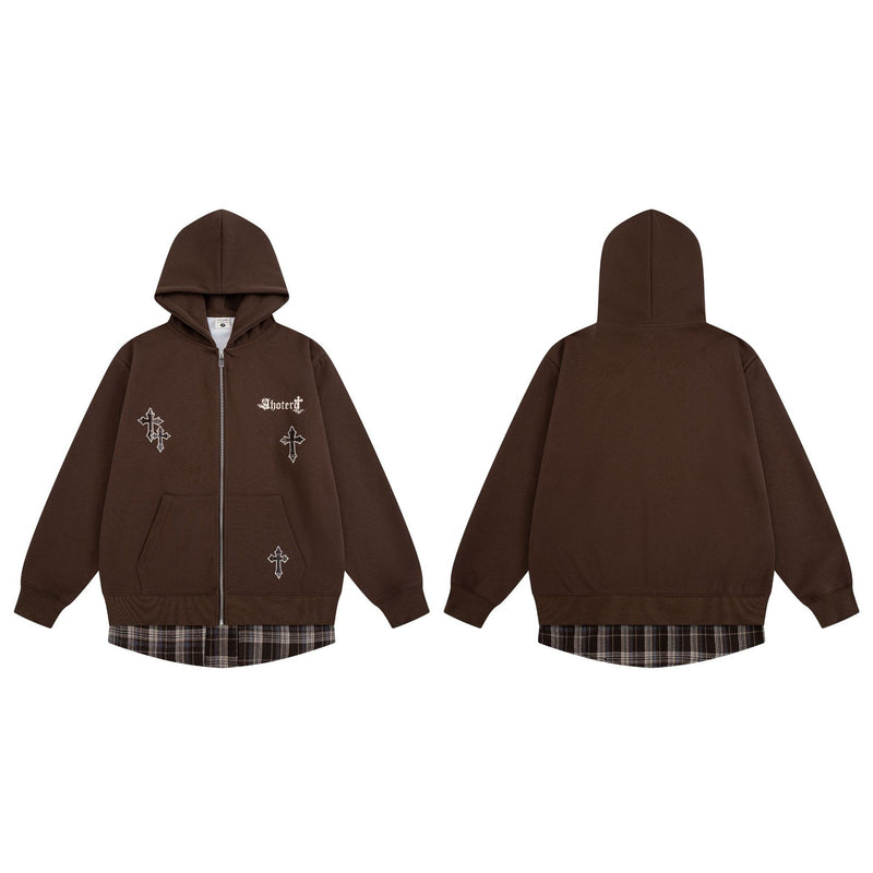 Sweat zippé à capuche avec croix brodée et détail à carreaux sur le bas