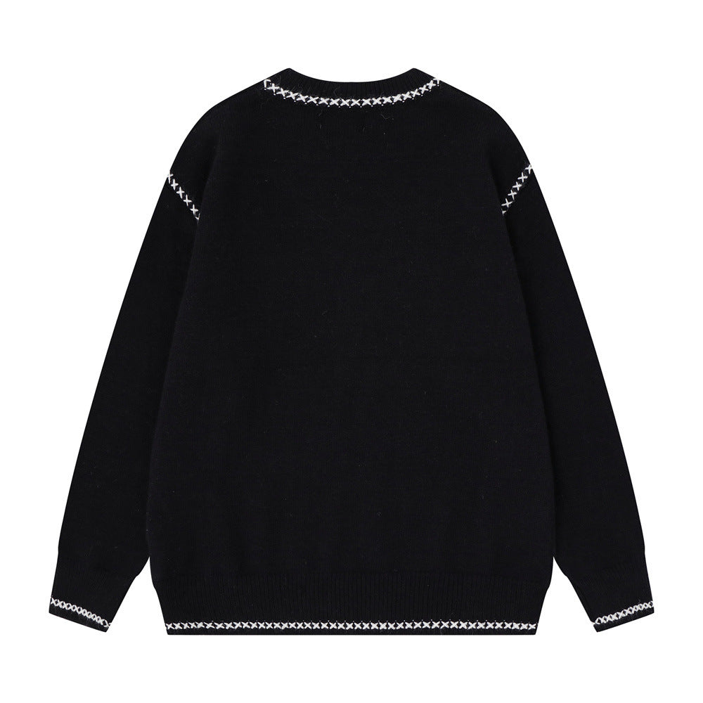 Crew Neck Sweater Men's Oversized Embroidered Knit Pullover