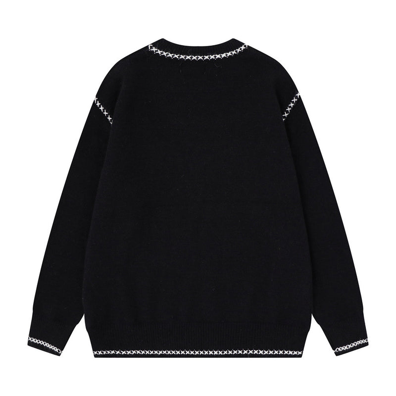 Crew Neck Sweater Men's Oversized Embroidered Knit Pullover
