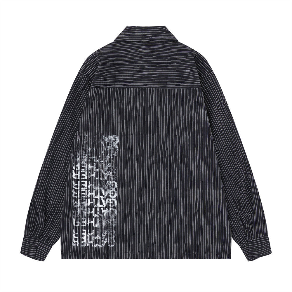 Men's Long Sleeve Striped Shirt with Distressed Letter Print