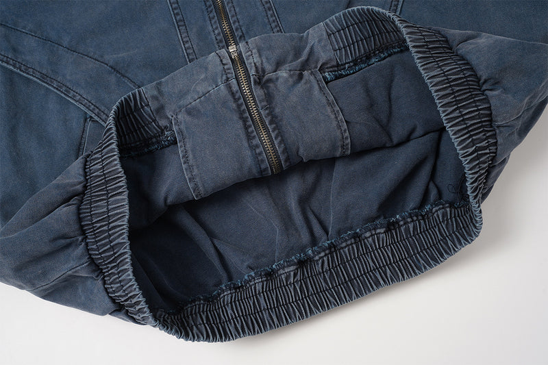 Veste bomber en denim délavé avec col en similicuir tressé – Vintage déconstruit