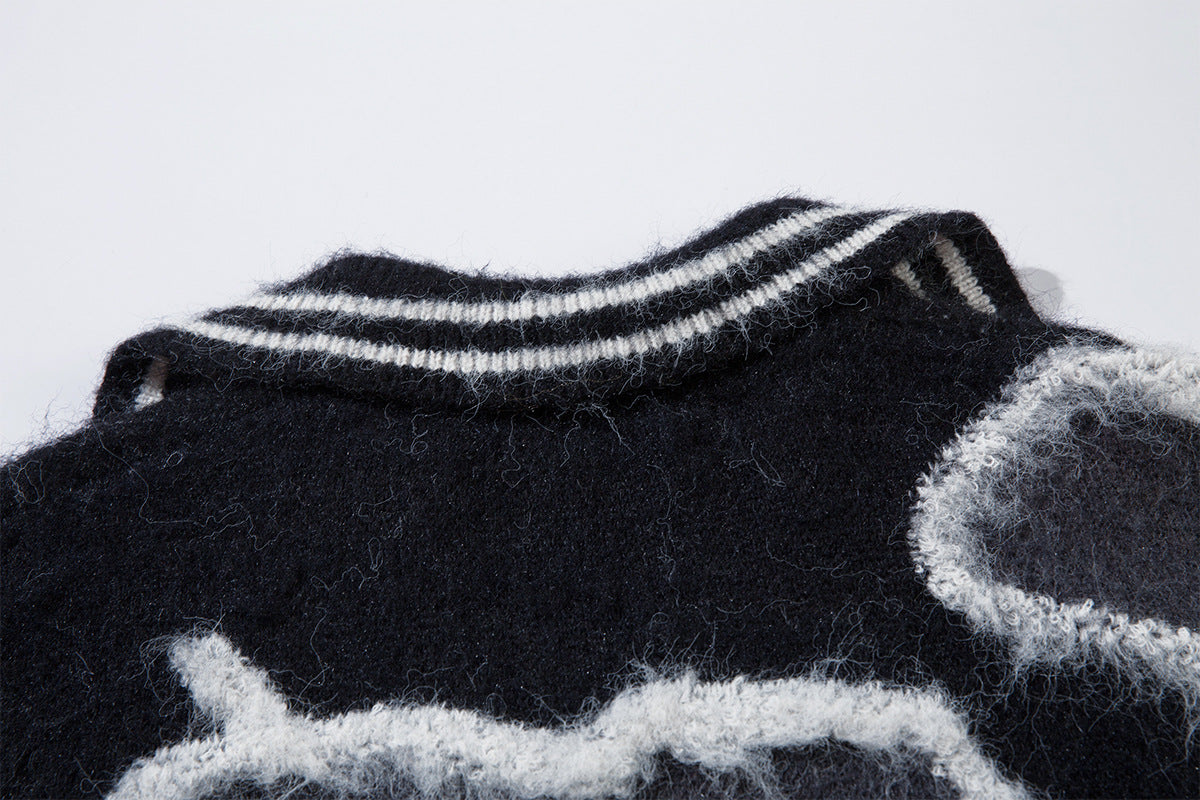 Abstract Camo Jacquard Polo Collar Knit Sweater – Oversized Streetwear Pullover