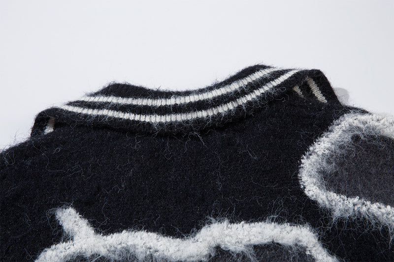 Abstract Camo Jacquard Polo Collar Knit Sweater – Oversized Streetwear Pullover