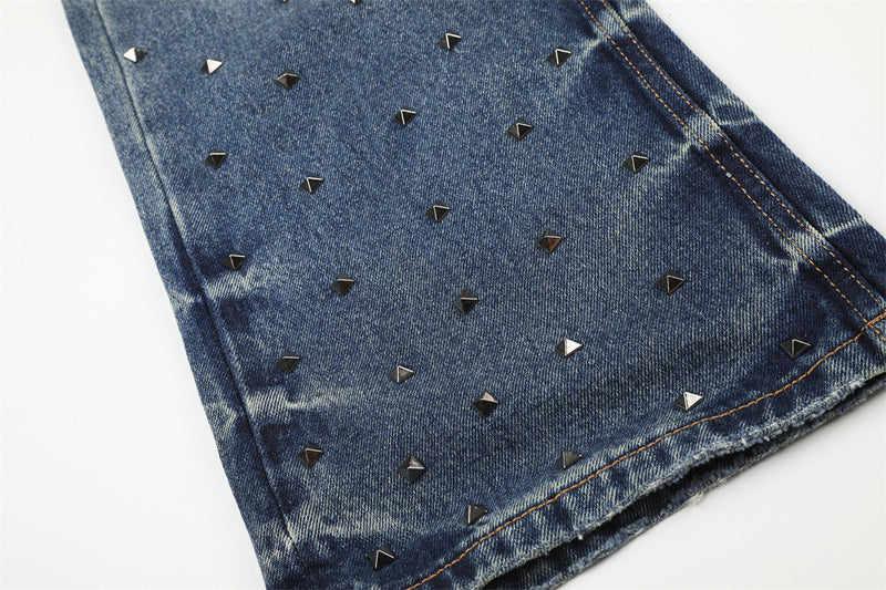 Men's Vintage Wash Wide-Leg Jeans with Metal Pyramid Studs – Retro Blue