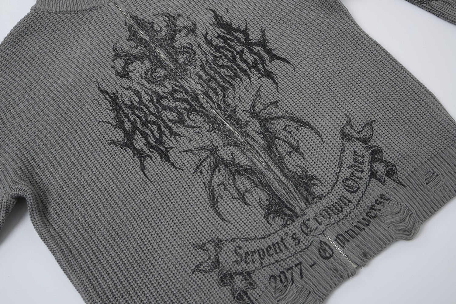 Pull zippé en maille à motif gothique – Col montant punk sombre Abyss Whisper