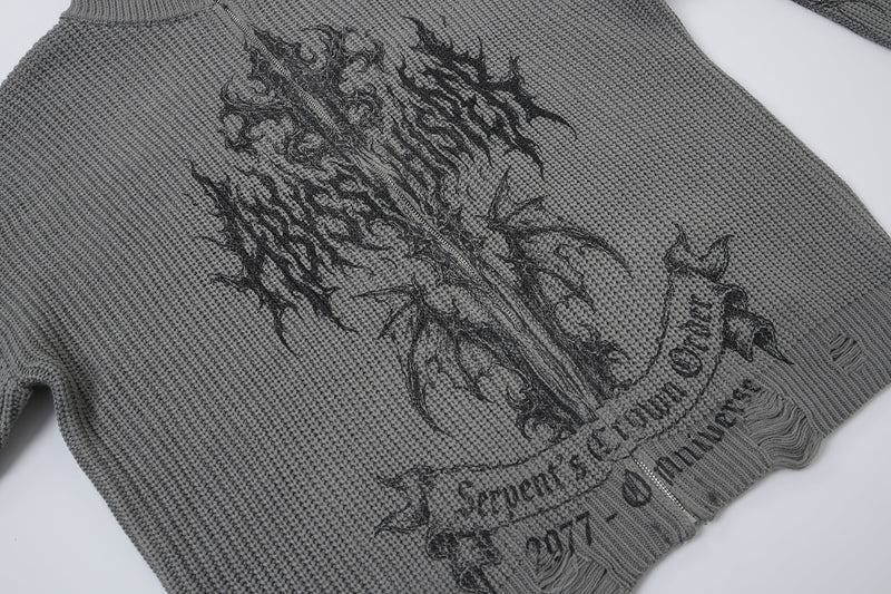 Pull zippé en maille à motif gothique – Col montant punk sombre Abyss Whisper