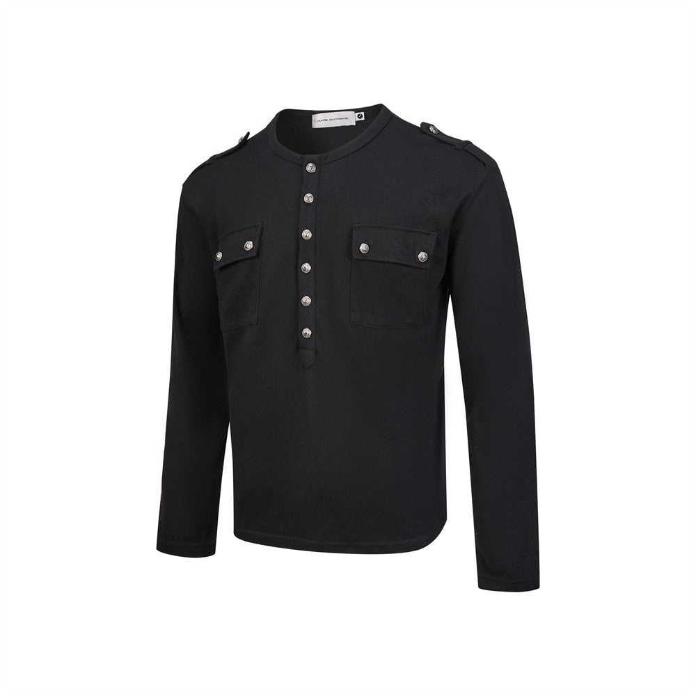 Men's Henley Long Sleeve T-Shirt with Metal Buttons & Dual Chest Pockets