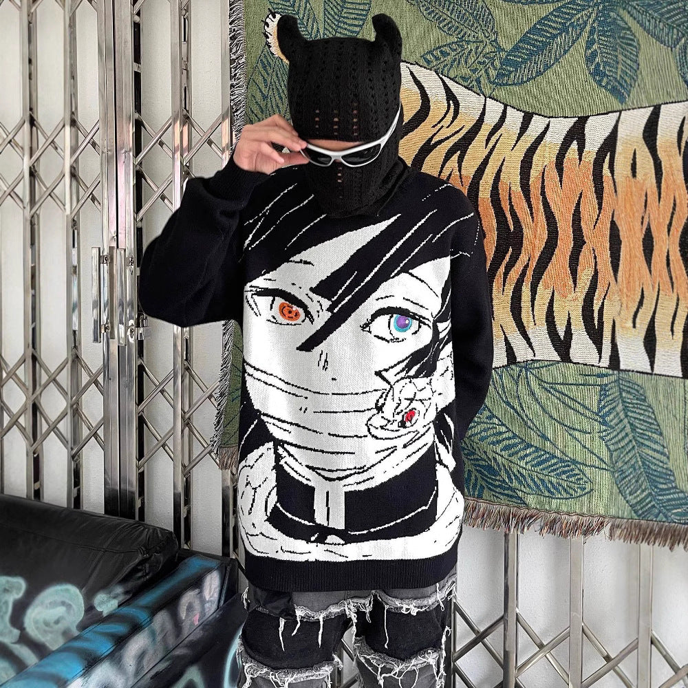 A person dons a Demon Slayer Premium Obanai Iguro-Inspired Knit Sweater with an anime jacquard design, black knit cat-eared mask, and white sunglasses, posing against a tiger print tapestry and metal gates, merging Demon Slayer fashion with style.