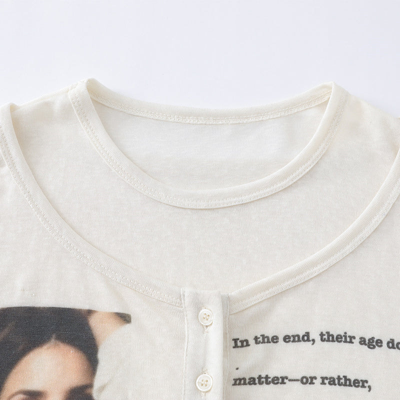 Cropped Graphic Tee Men – Long Sleeve Photo & Letter Print Henley Neck