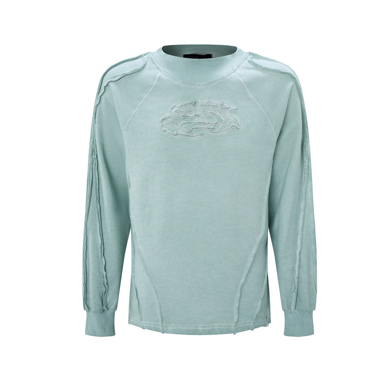 Verwaschenes Vintage-Sweatshirt mit geprägtem Drachen, Langarm – Raw-Edge-Moto-Crewneck