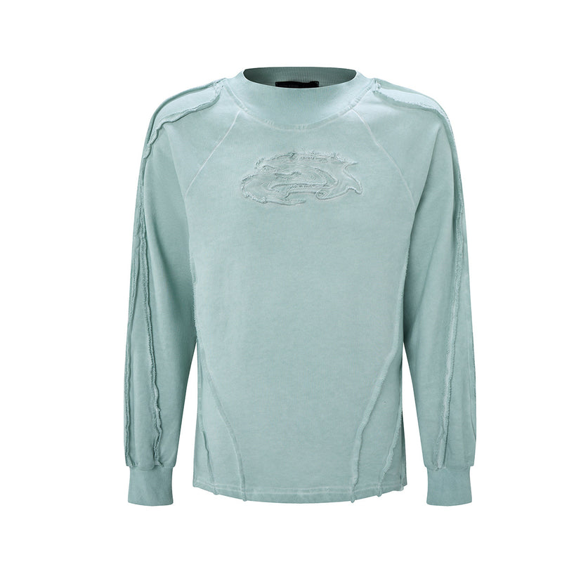 Verwaschenes Vintage-Sweatshirt mit geprägtem Drachen, Langarm – Raw-Edge-Moto-Crewneck