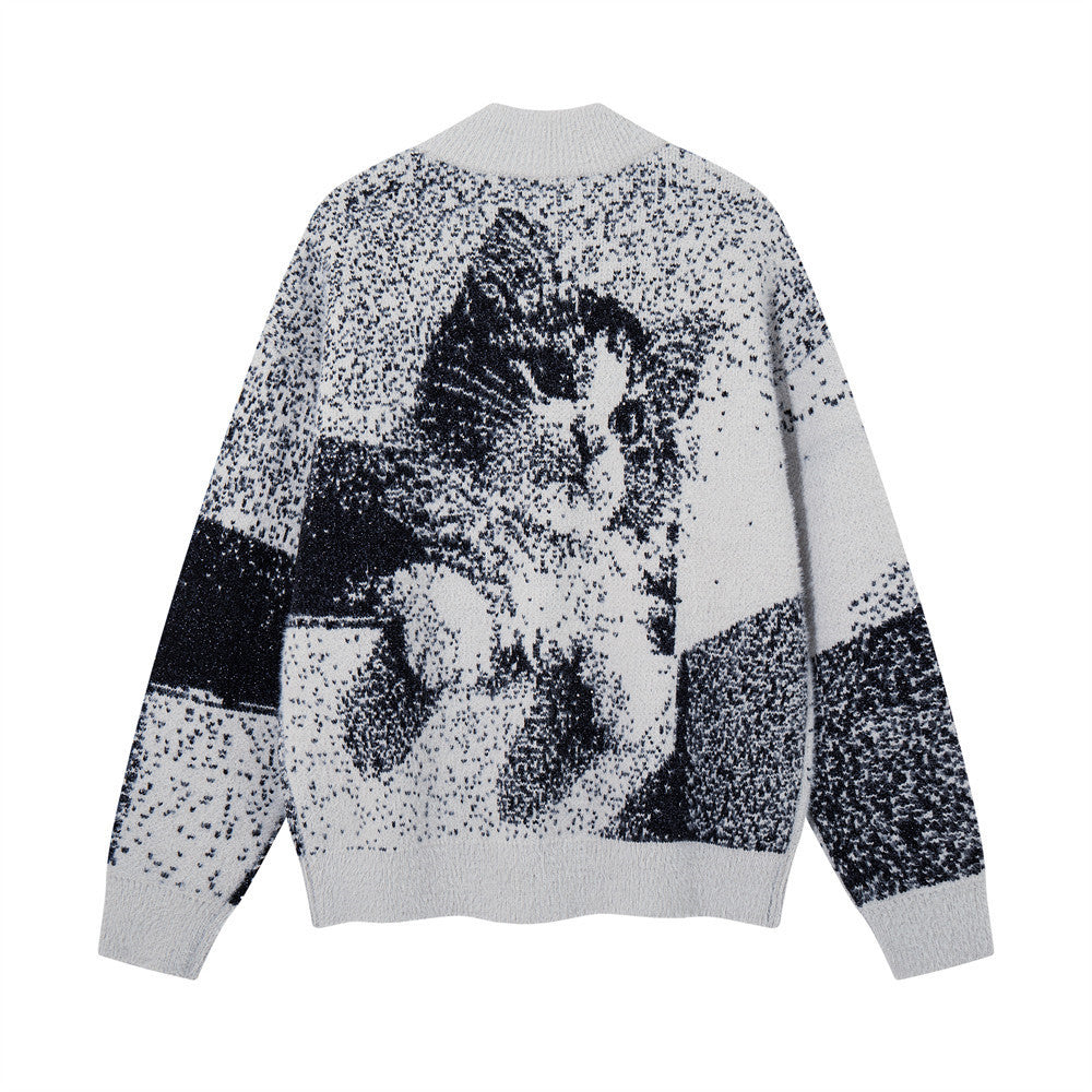 Katzen-Jacquard-Strick-Cardigan mit Reißverschluss – Oversized-Stehkragen