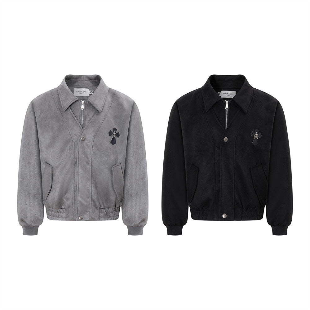 Suede Bomber Jacket Men – Collared Cross-Patch Relaxed Fit Varsity Jacket