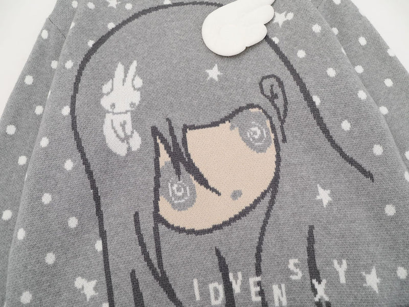 Anime Girl Jacquard Knit Sweater with 3D Angel Wing Patch & Polka Dot Print